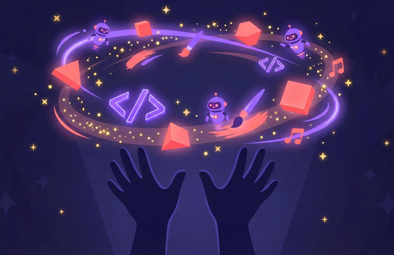 Young creator's hands working with AI tools and creative elements